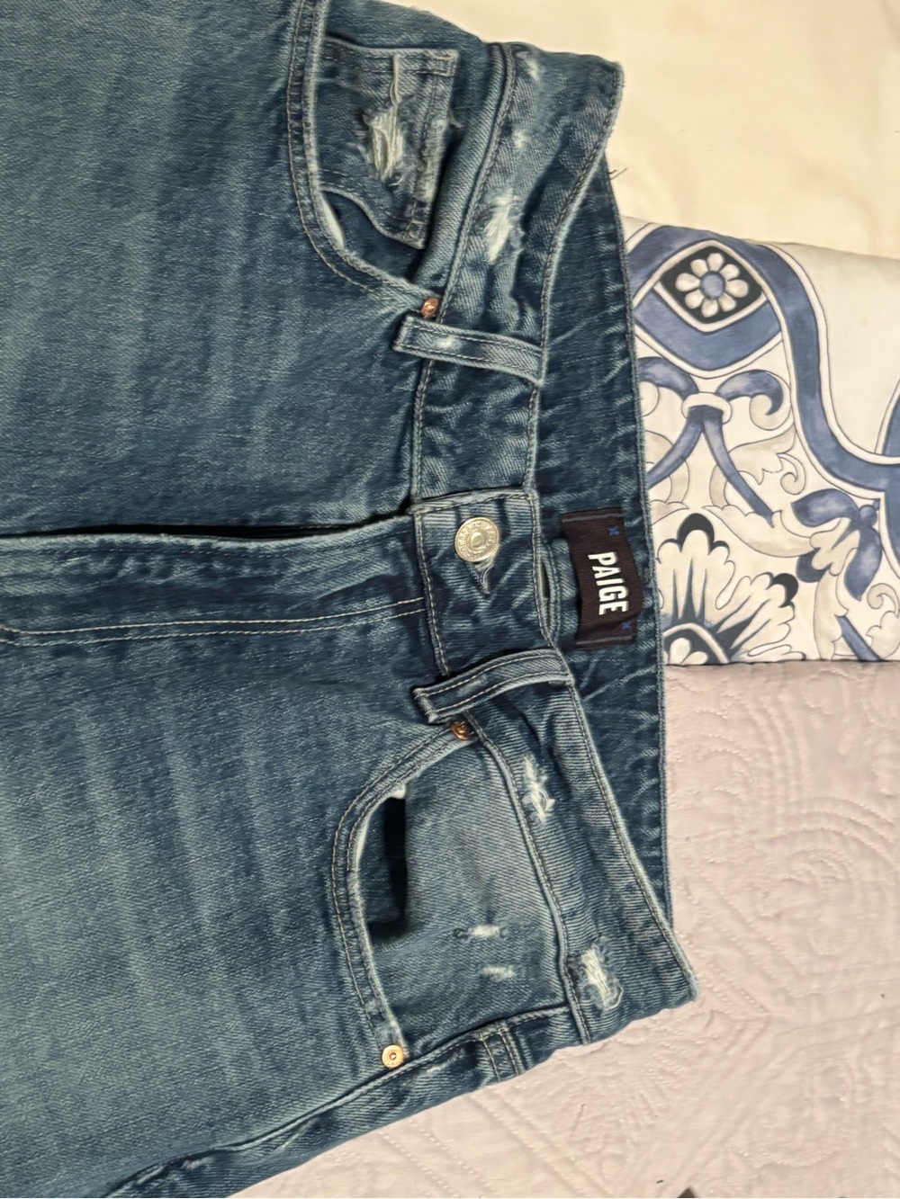 PAIGE Sasha Faded Blue Denim Jeans Ankle wide Cuffed bottom.